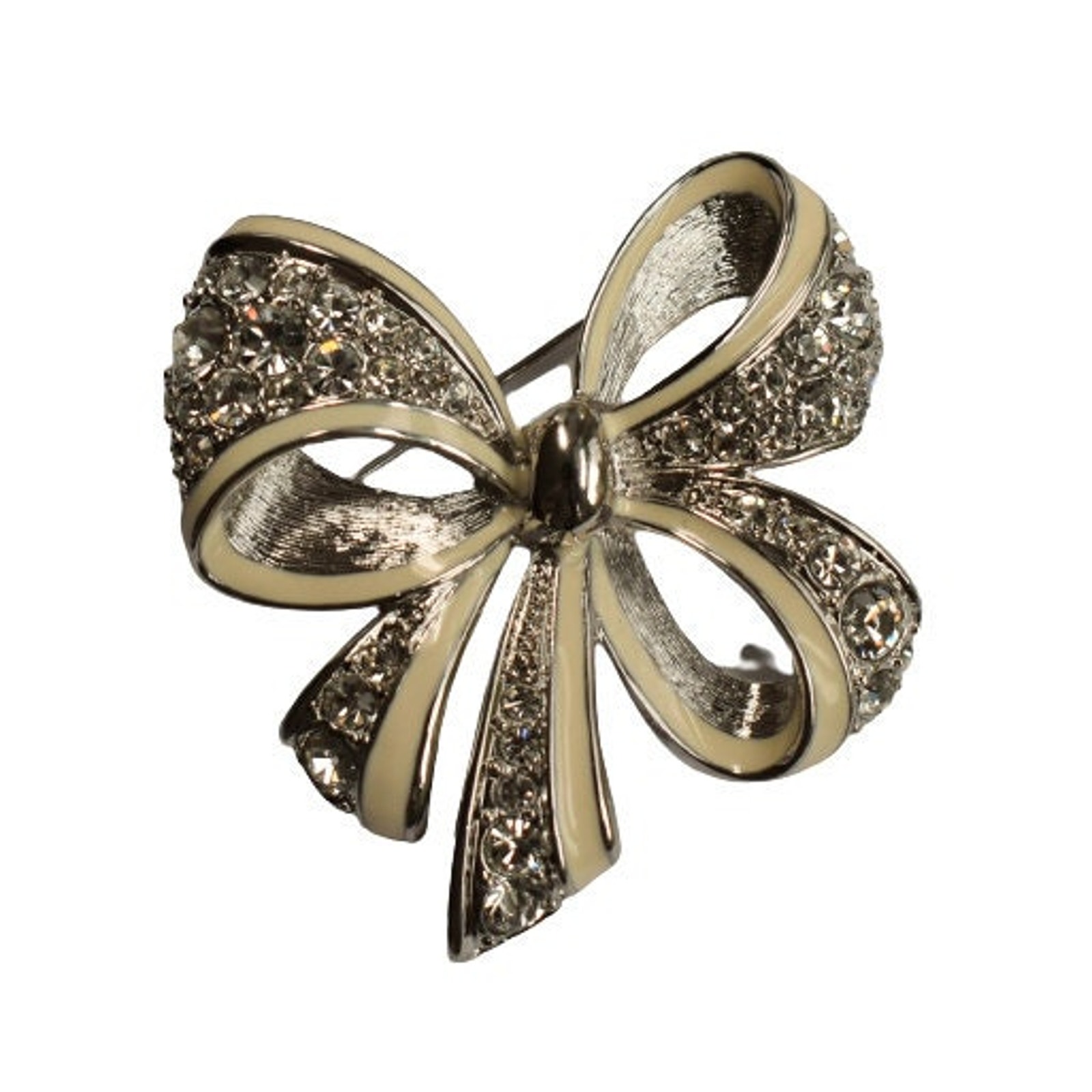 1990s Nolan Miller Glamour Collection Rhinestone White Enamel Large Bow Brooch 19$